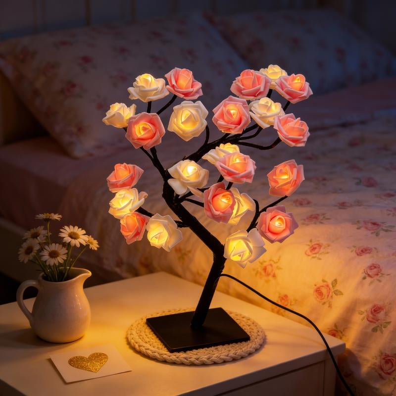 Rose Flower Design Tree Night Light, USB Powered Table Lamp, Versatile Indoor Room Lights for Bedroom, Holiday Decorative Lights, Perfect Valentine'S Day Gift & Home Decor, Nightlight for Bedroom