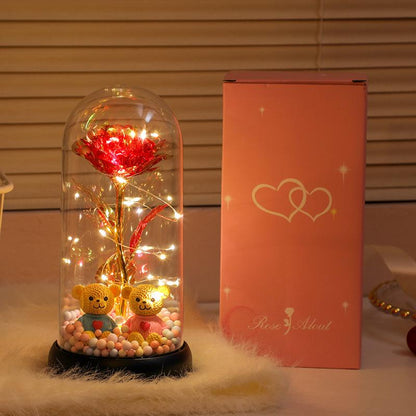Bear-Shaped Glowing Rose Night Light with 2 Bears in Random Position Rose-Shaped Plastic Cover Home Room Desktop Decorative Lamp for Indoor Bedroom Study Valentine'S Day Christmas Gift