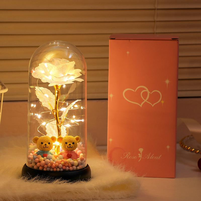 Bear-Shaped Glowing Rose Night Light with 2 Bears in Random Position Rose-Shaped Plastic Cover Home Room Desktop Decorative Lamp for Indoor Bedroom Study Valentine'S Day Christmas Gift