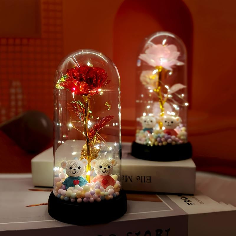 Bear-Shaped Glowing Rose Night Light with 2 Bears in Random Position Rose-Shaped Plastic Cover Home Room Desktop Decorative Lamp for Indoor Bedroom Study Valentine'S Day Christmas Gift