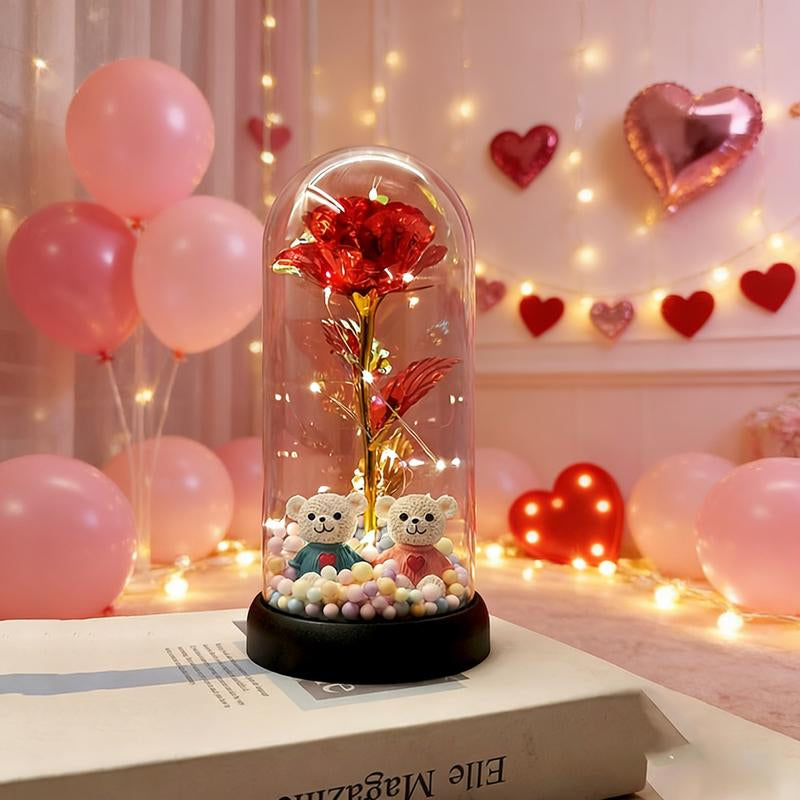 Bear-Shaped Glowing Rose Night Light with 2 Bears in Random Position Rose-Shaped Plastic Cover Home Room Desktop Decorative Lamp for Indoor Bedroom Study Valentine'S Day Christmas Gift