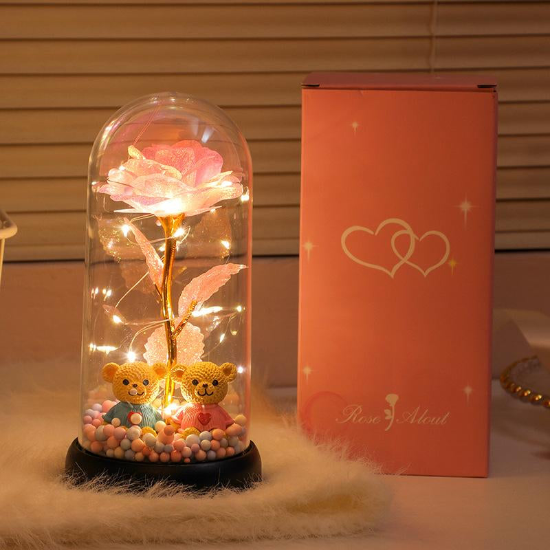 Bear-Shaped Glowing Rose Night Light with 2 Bears in Random Position Rose-Shaped Plastic Cover Home Room Desktop Decorative Lamp for Indoor Bedroom Study Valentine'S Day Christmas Gift
