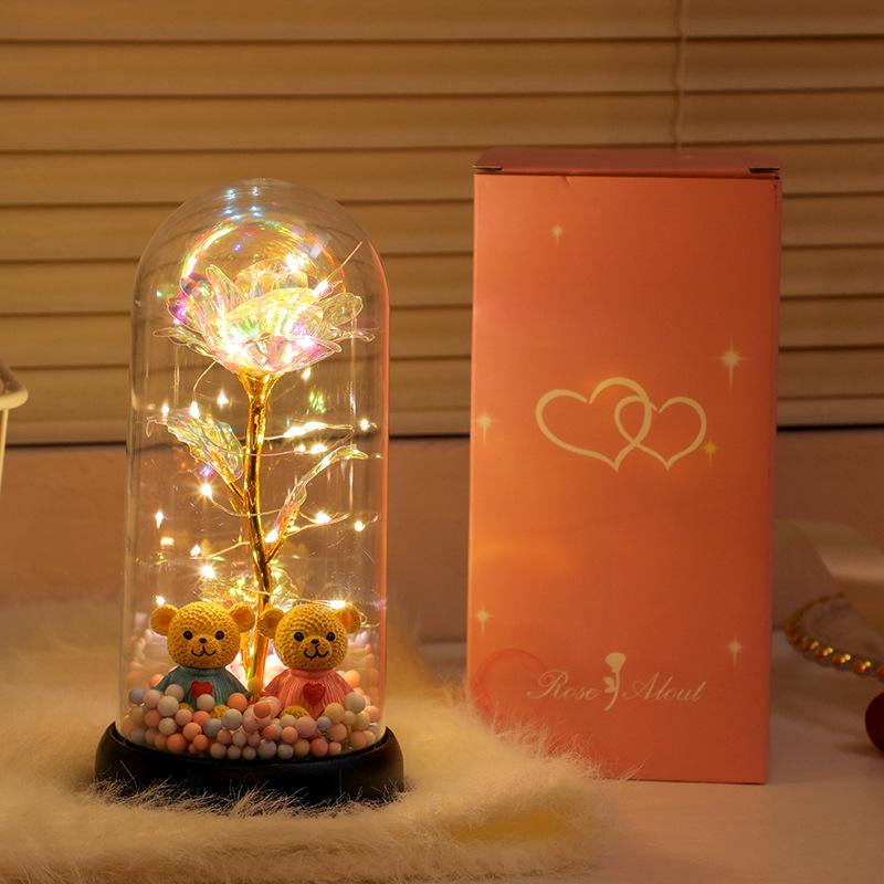 Bear-Shaped Glowing Rose Night Light with 2 Bears in Random Position Rose-Shaped Plastic Cover Home Room Desktop Decorative Lamp for Indoor Bedroom Study Valentine'S Day Christmas Gift