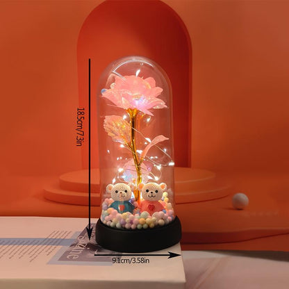 Bear-Shaped Glowing Rose Night Light with 2 Bears in Random Position Rose-Shaped Plastic Cover Home Room Desktop Decorative Lamp for Indoor Bedroom Study Valentine'S Day Christmas Gift