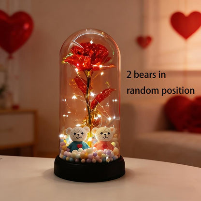 Bear-Shaped Glowing Rose Night Light with 2 Bears in Random Position Rose-Shaped Plastic Cover Home Room Desktop Decorative Lamp for Indoor Bedroom Study Valentine'S Day Christmas Gift