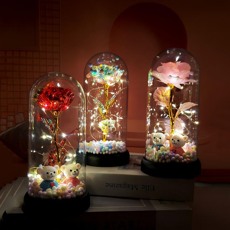 Bear-Shaped Glowing Rose Night Light with 2 Bears in Random Position Rose-Shaped Plastic Cover Home Room Desktop Decorative Lamp for Indoor Bedroom Study Valentine'S Day Christmas Gift