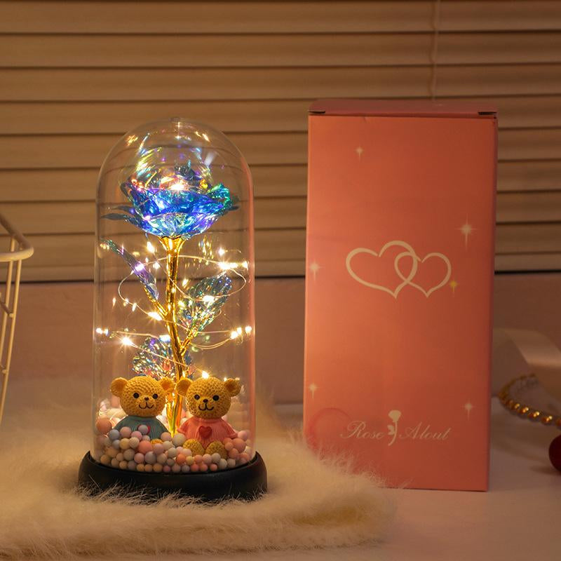 Bear-Shaped Glowing Rose Night Light with 2 Bears in Random Position Rose-Shaped Plastic Cover Home Room Desktop Decorative Lamp for Indoor Bedroom Study Valentine'S Day Christmas Gift