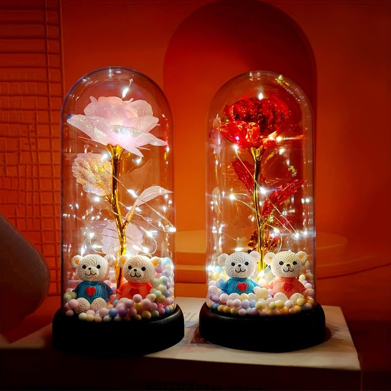 Bear-Shaped Glowing Rose Night Light with 2 Bears in Random Position Rose-Shaped Plastic Cover Home Room Desktop Decorative Lamp for Indoor Bedroom Study Valentine'S Day Christmas Gift
